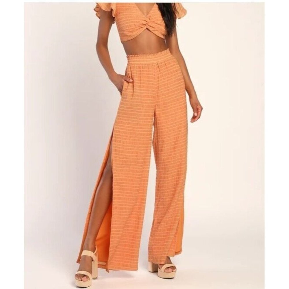 Lulus Smock and Roll Orange Striped Smocked Slit Wide-Leg‎ Pants Size XS Slit